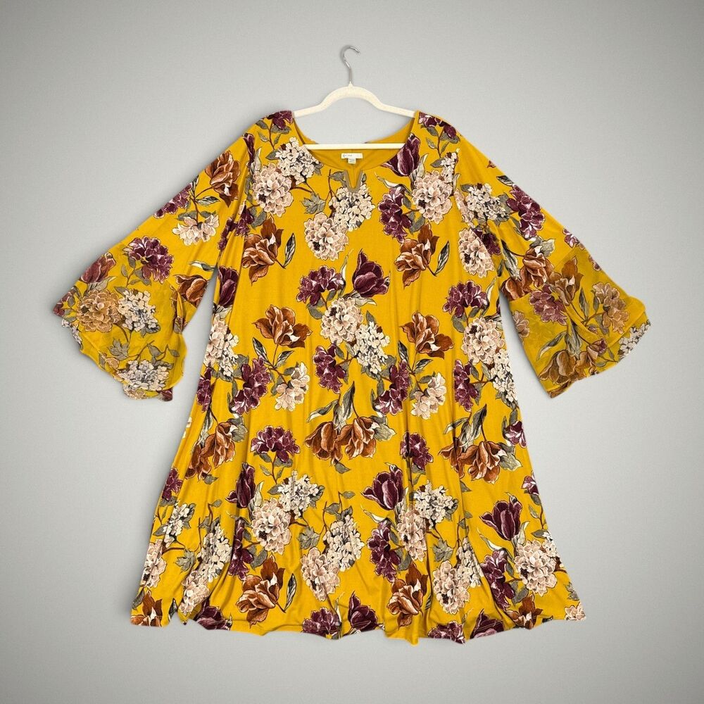 CATO C Est 1946 Women’s Floral Swing Dress Yellow Bell Sleeves Plus Size 26/28W